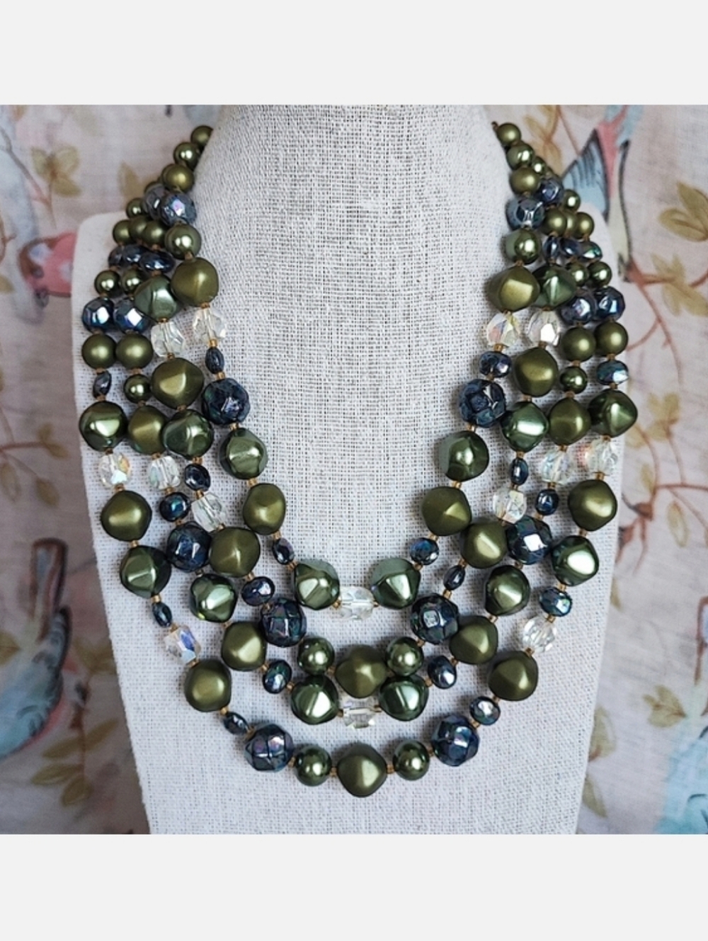 4 Strand Vintage Signed Japan Faux Olive Pearls Glass Oil Slick Clear Necklace - Picture 3 of 11
